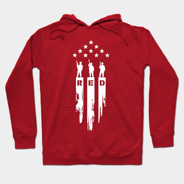 RED Remember Everyone Deployed Three Soldiers White Print Hoodie by Pufahl